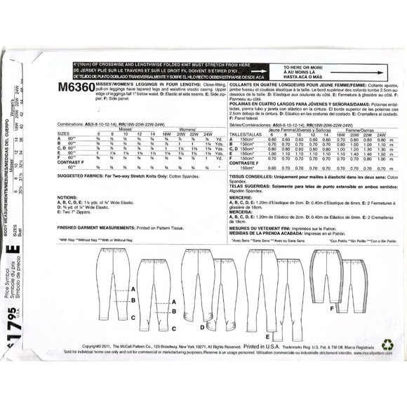 McCall's M6360 Misses 6 to 14 Knit Leggings, Shorts, Capri Uncut Sewing Pattern - Picture 2 of 2